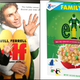 Left: Will Ferrell poses in front of a poster for the movie "Elf" in 2003. Right: A box of new Elf cereal.